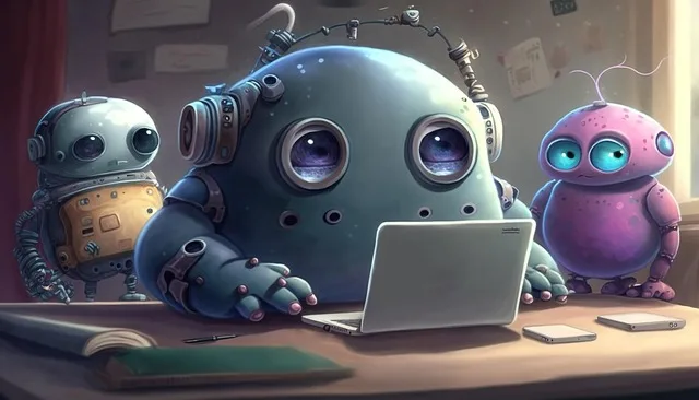 Chatbot i asystent AI na ekranie laptopa na biurku w biurze