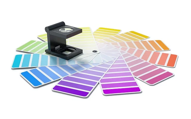 Wzornik kolorów Pantone z lupą - dobór palety kolorów dla marki